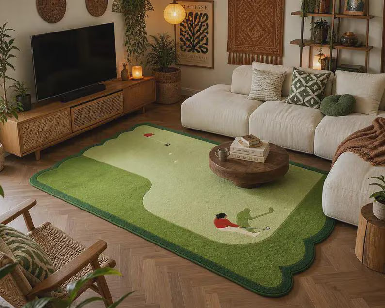 Hand-Tufted Wool Golf Course Area Rug, Green Landscape Pattern, Novelty Sports Carpet. RGTP17