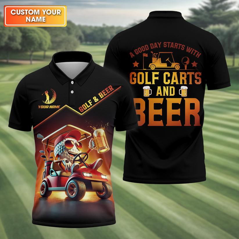 Custom Name Golf Polo Shirt, Funny Drinking Golf Ball Character, Red Golf Cart Design, Men's Performance Apparel