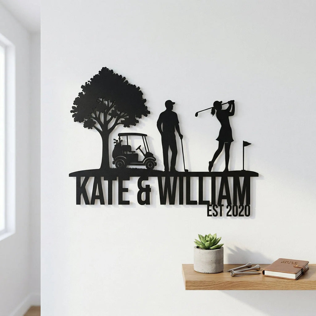 Custom Golf Couple Metal Sign, Player Cart Tree Art, Sports Room Wall Decor, Club Hanging, Unique Wedding Gift. MWAGTP13