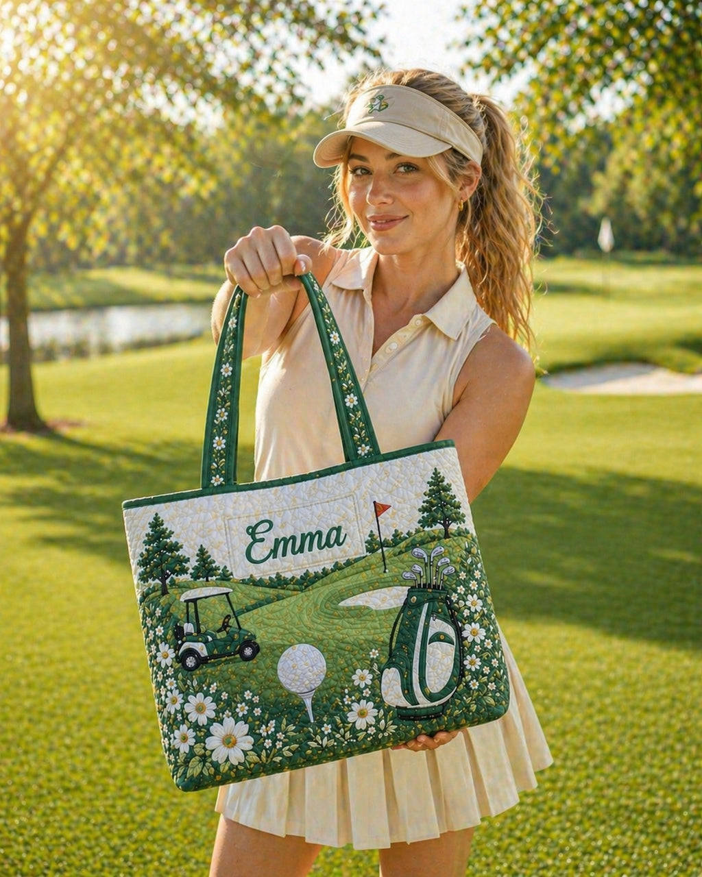 Personalized Golf Quilt Tote Bag, Custom Name Golf Shoulder Bag, Quilted Tote for Golf Lover, Cute Golf Gift for Her QTTB02