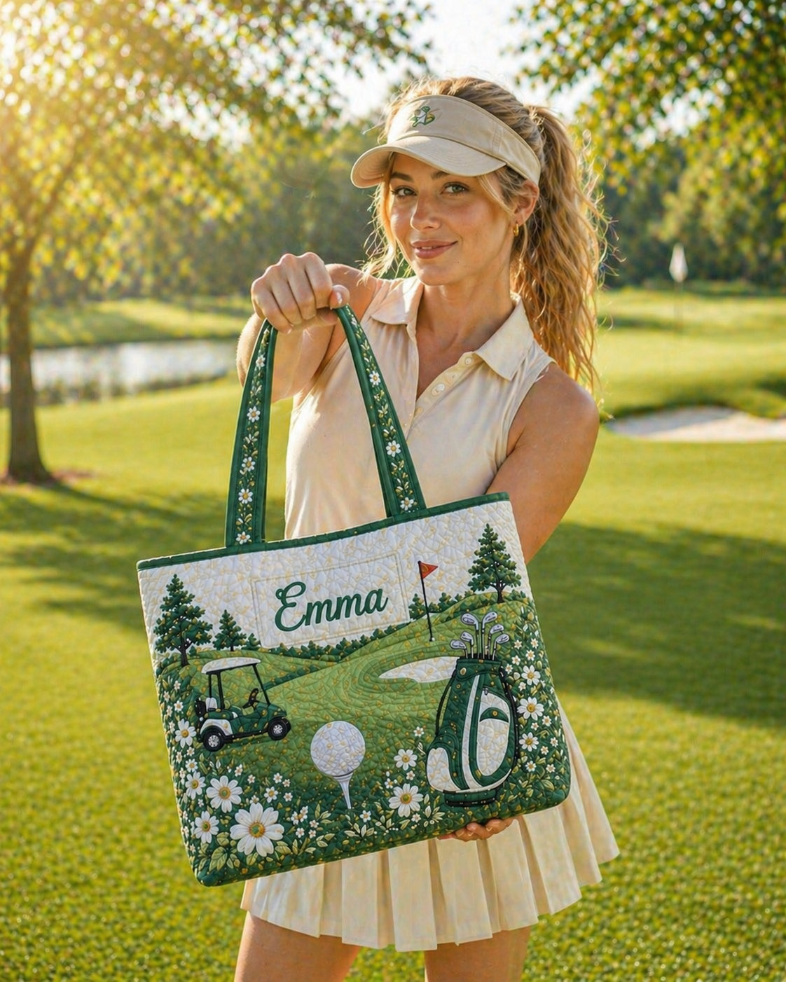 Personalized Golf Quilt Tote Bag, Custom Name Golf Shoulder Bag, Quilted Tote for Golf Lover, Cute Golf Gift for Her QTTB02