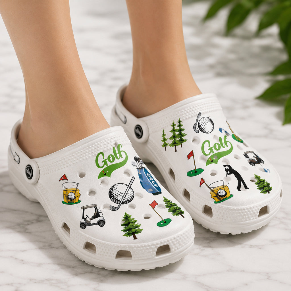 Golf Theme Clogs Print Clogs, Golf Pattern Clogs, Unisex Kid Adult Clogs, Summer Clogs, Waterproof EVA Slip-On Shoes, Comfortable Casual Sandals CLGOLF02