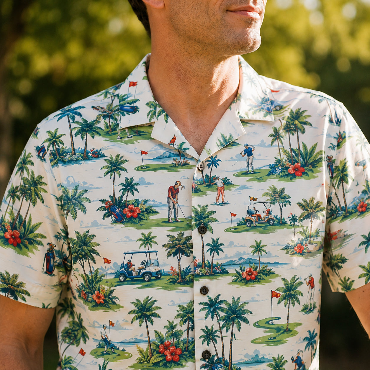 Golf Hawaiian Shirt, Tropical Golf Cart Palm Tree Button Down Shirt, Summer Resort Vacation Shirt for Golf Lovers HW02