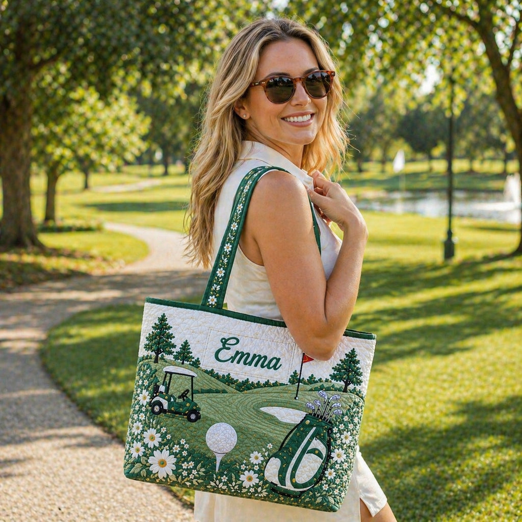 Personalized Golf Quilt Tote Bag, Custom Name Golf Shoulder Bag, Quilted Tote for Golf Lover, Cute Golf Gift for Her QTTB02