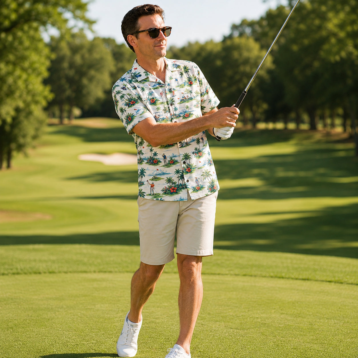 Golf Hawaiian Shirt, Tropical Golf Cart Palm Tree Button Down Shirt, Summer Resort Vacation Shirt for Golf Lovers HW02