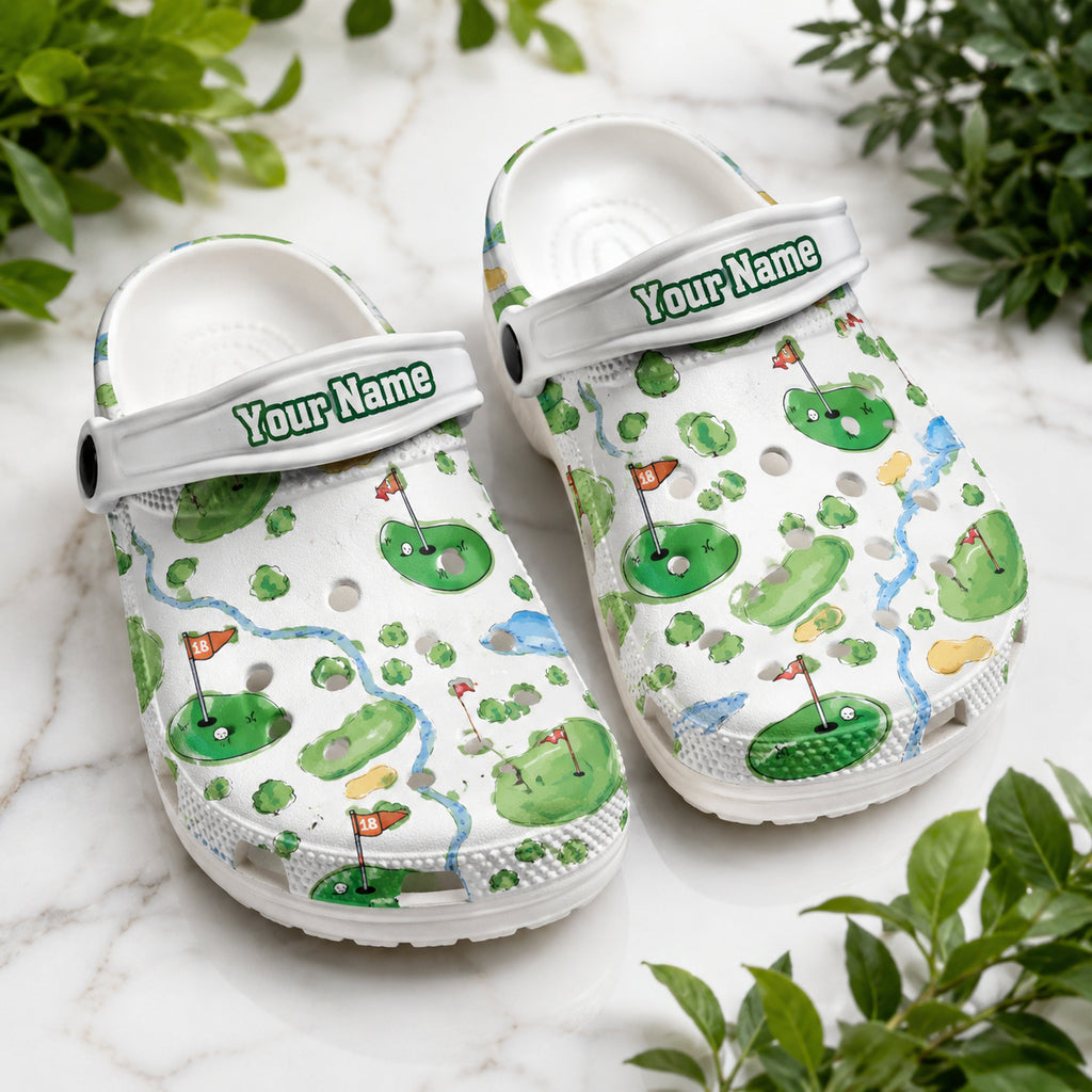 Personalized Golf Course Map Print Clogs, Golf Course Pattern Clogs, Unisex Kid Adult Clogs, Summer Clogs, Waterproof EVA Slip-On Shoes, Comfortable Casual Sandals CLGOLF03