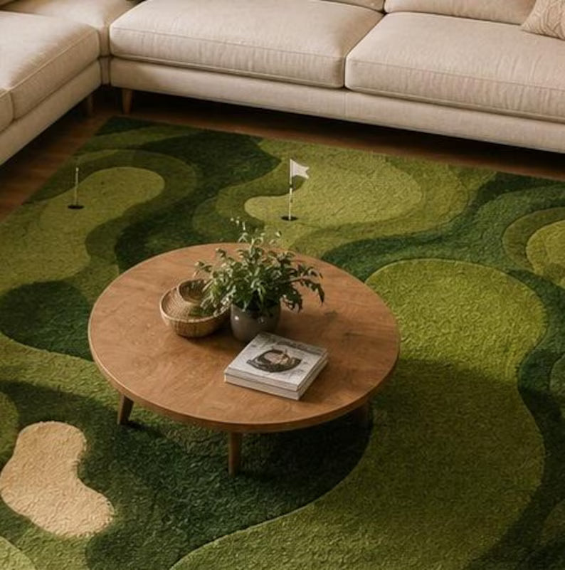Hand-Tufted Golf Course Wool Rug, Green Putting Green Area Decor . RGTP11