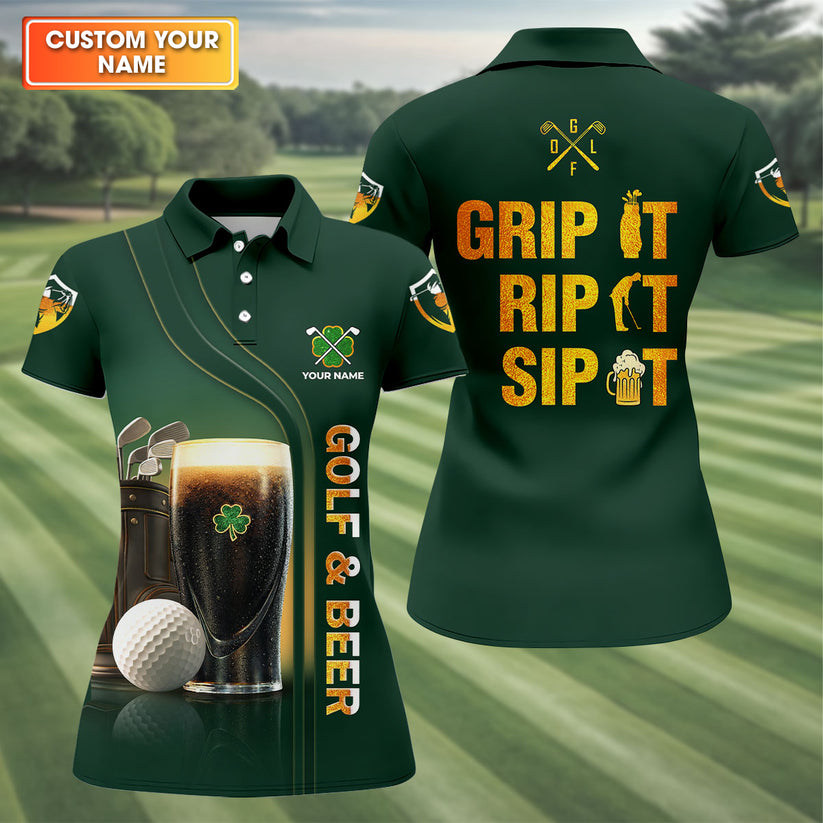 Funny Women's Golf Polo Shirt, Grip It Rip It Sip It Quote, Personalized Green Beer Clover Shirt, St. Paddy's Gift