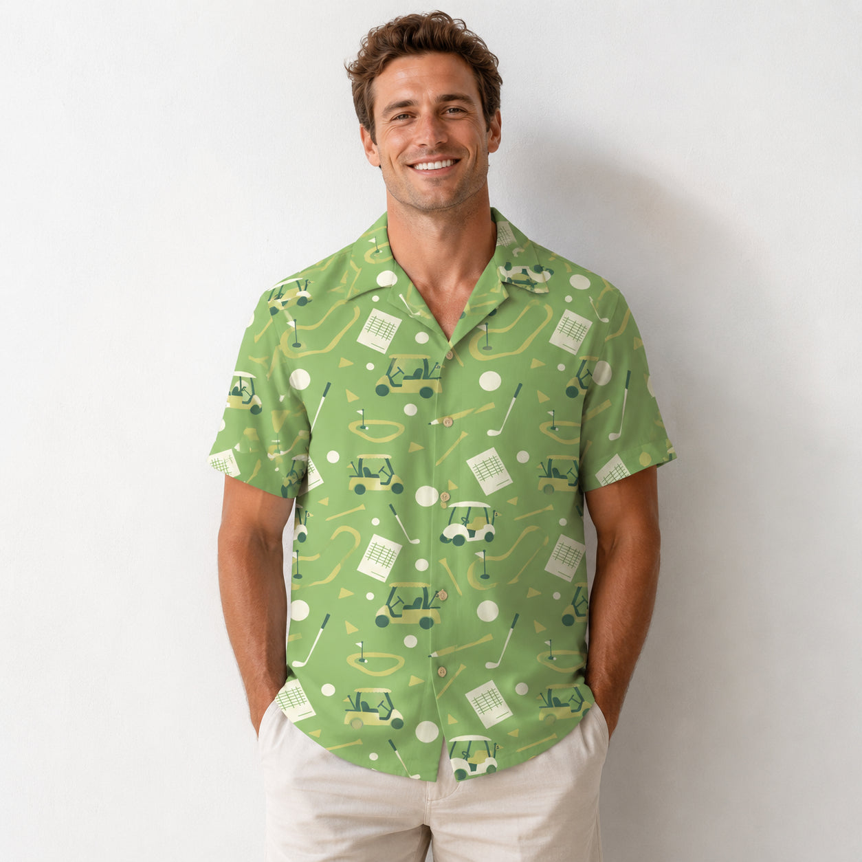 Golf Hawaiian Shirt, Green Golf Cart Button Down Shirt, Golf Lover Summer Vacation Shirt, Tropical Golf Outfit HW03