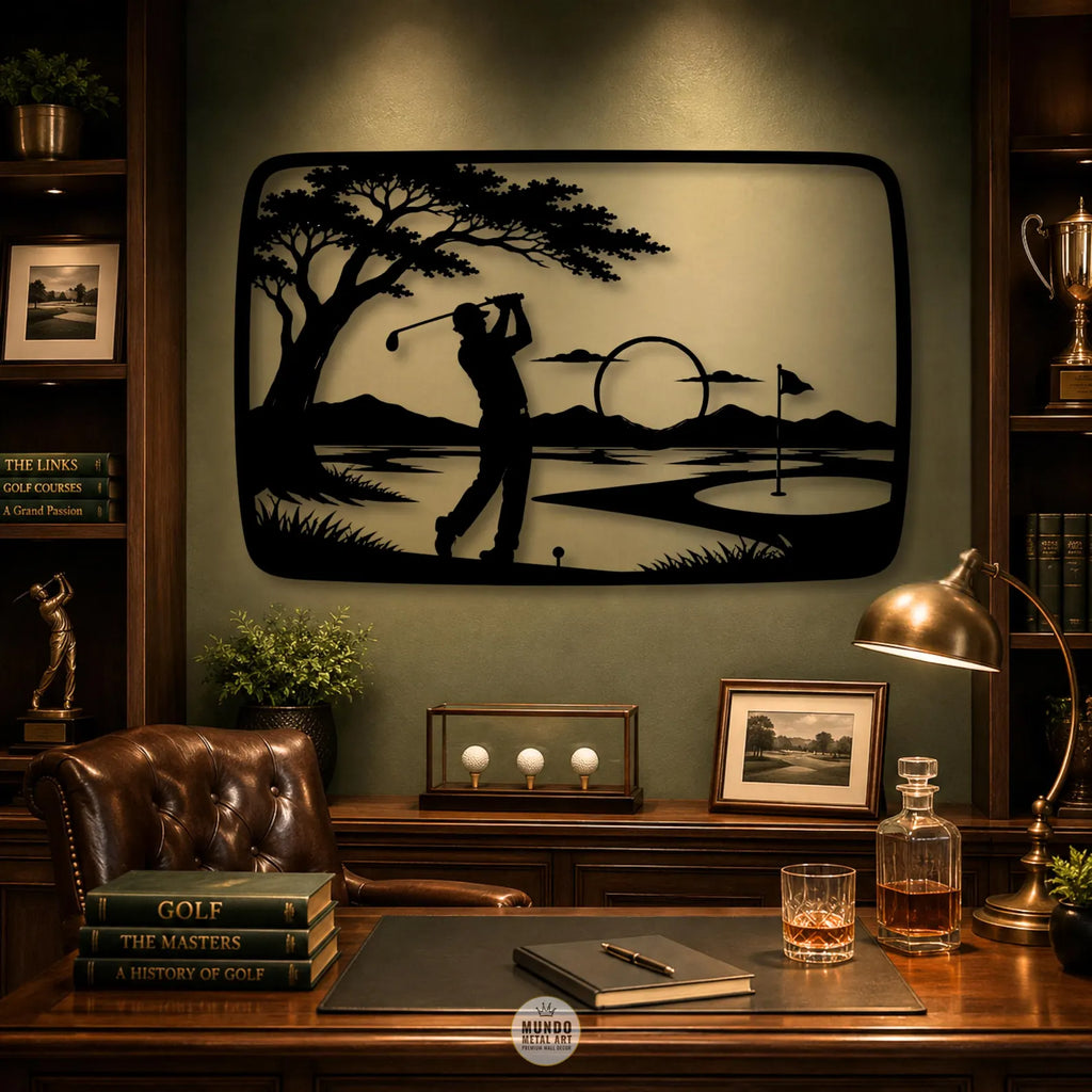 Golf Sunset Metal Wall Art | Golfer Silhouette, Fairway Landscape, Country Club Decor Ipek. MWAGTP12