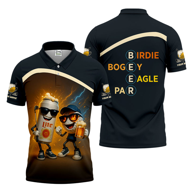 Personalized Funny Beer and Golf Polo Shirt for Men, Custom Name Sleeve Polo,Drinking Team Uniform with Beer Can Graphic, Unique Golf Dad Gift