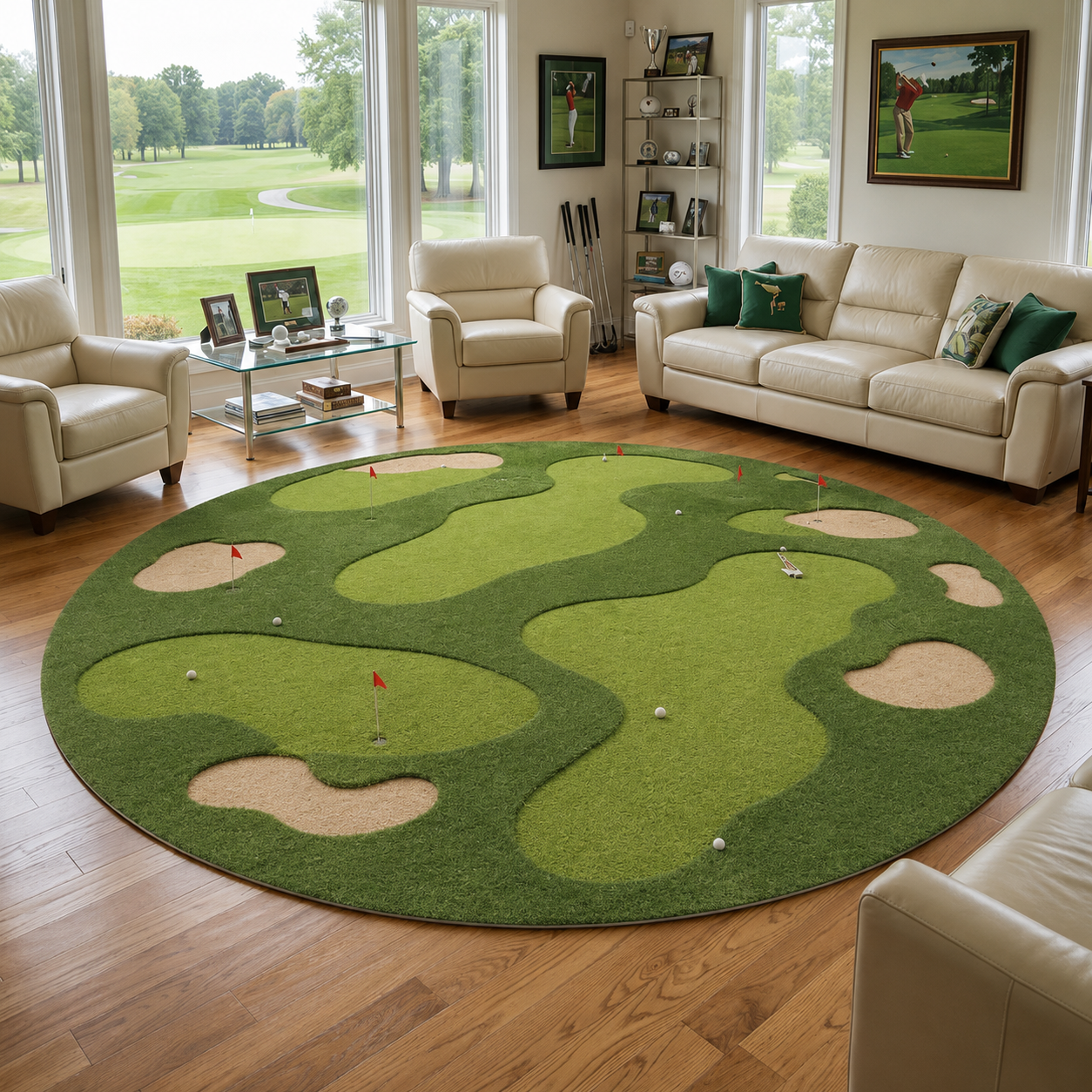 Golf Putting Green Round Rug | Hand-Tufted Wool Putting Mat | Indoor Golf Practice Rug for Living Room, Game Room, Man Cave. RGTP16