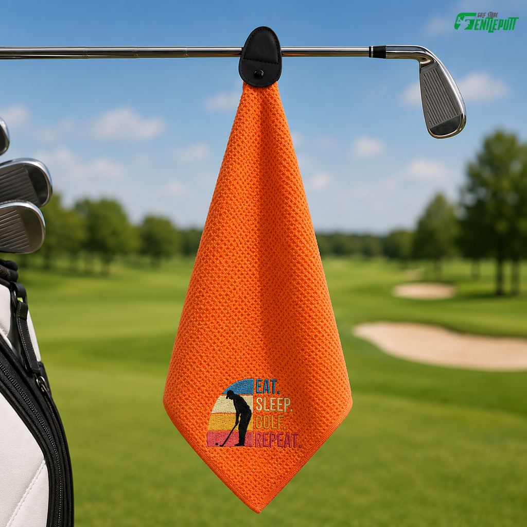 Eat Sleep Golf Repeat Towel, Waffle Microfiber Golf Towel with Clip, Funny Golfer Gift, Golf Bag Accessory for Men and Women TWGTP07