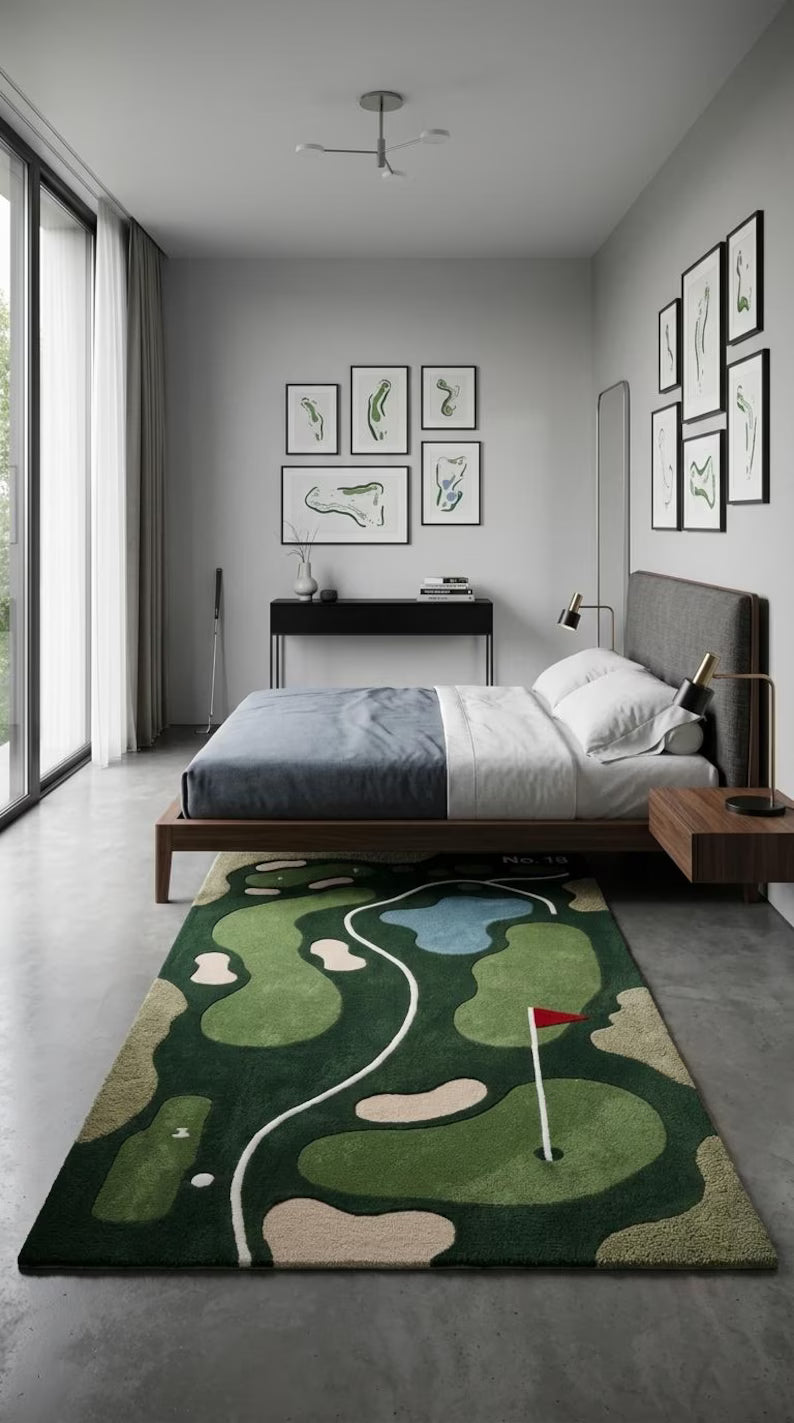 Modern Golf Court Hand Tufted Area Rug For Play Room, Green Sports Rug For Bedroom, Custom 6x9 Rugs For Kids Room, 12x15. RGTP28