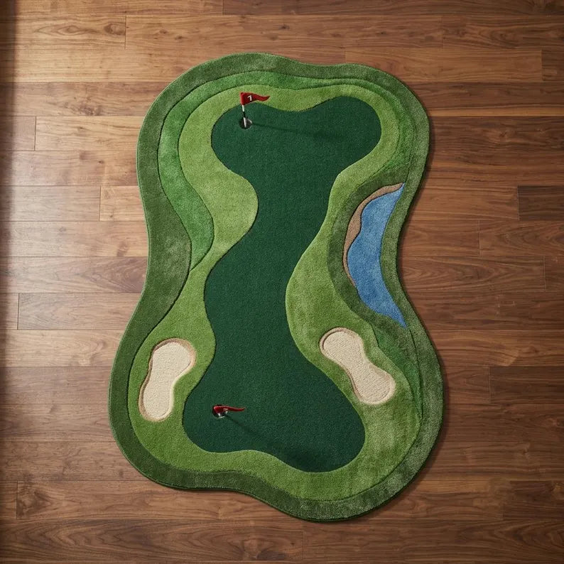 Hand Tufted Wool Golf Putting Green Rug, Irregular Golf Hole Shape, Man Cave Decor. RGTP24
