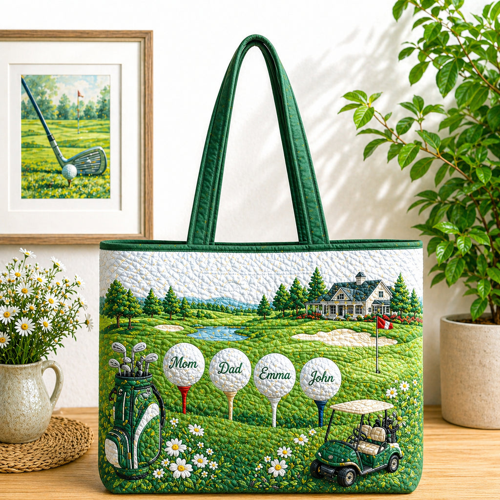 Personalized Family Golf Ball Quilt Tote Bag, Custom Golf Shoulder Bag, Quilted Tote for Golf Lover, Cute Golf Gift for Her QTTB03