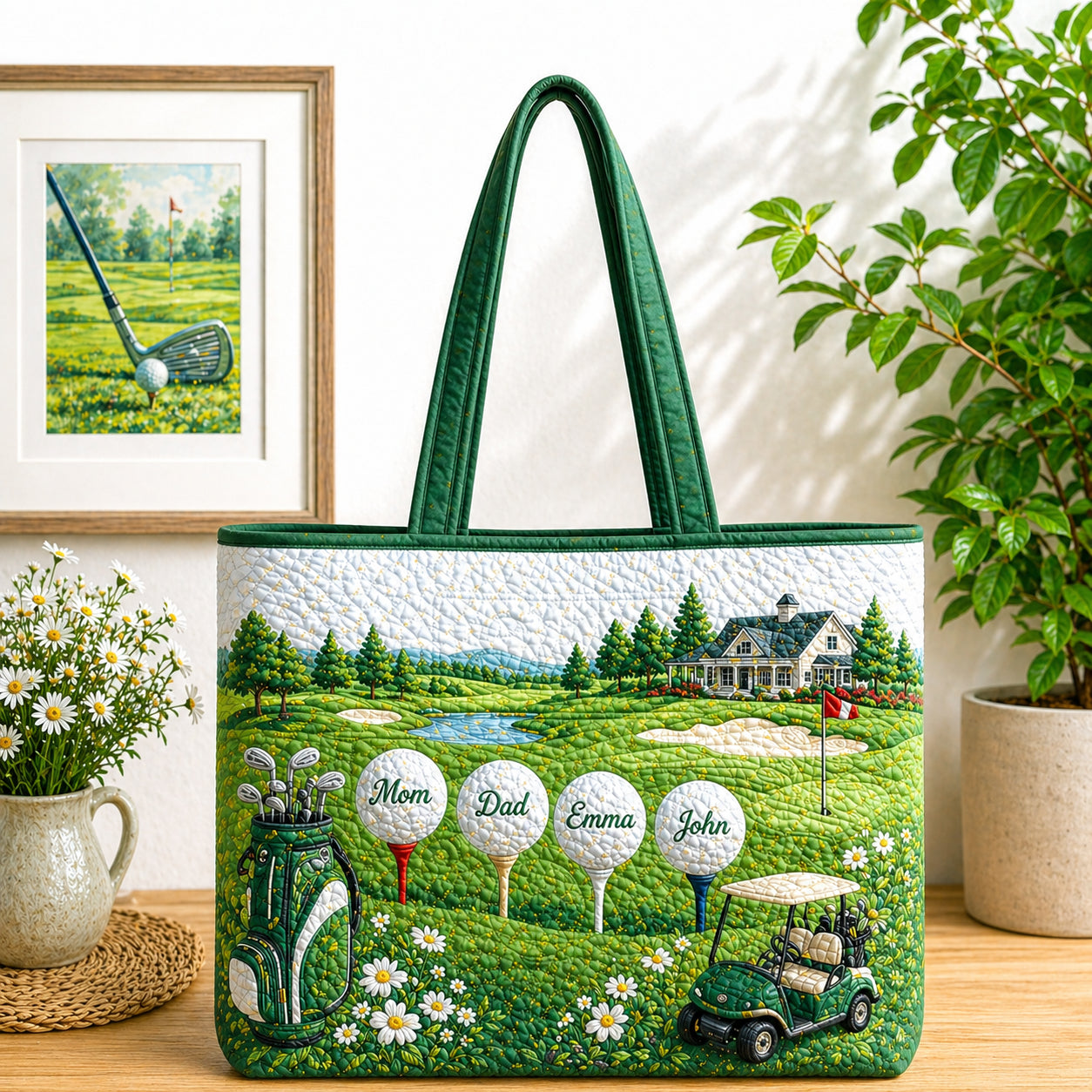 Personalized Family Golf Ball Quilt Tote Bag, Custom Golf Shoulder Bag, Quilted Tote for Golf Lover, Cute Golf Gift for Her QTTB03