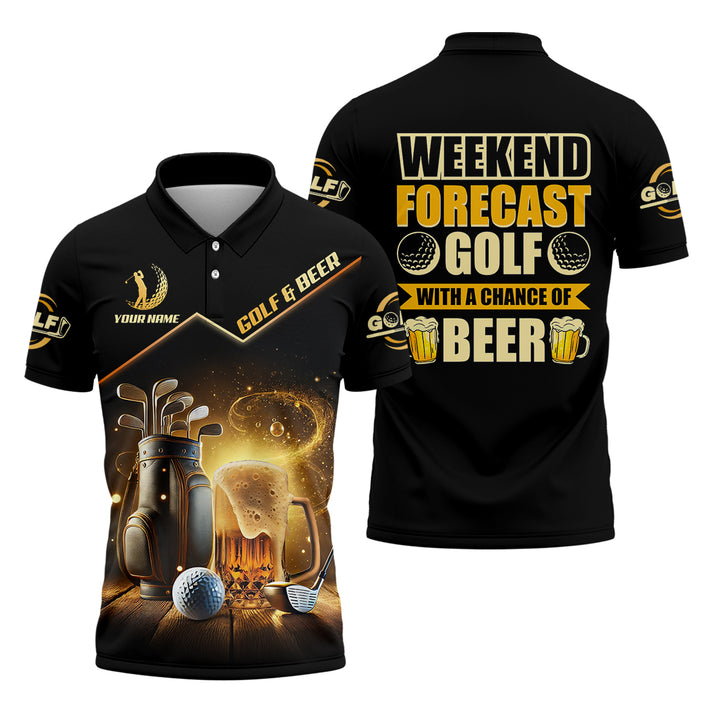 Funny Beer & Golf Polo Shirt - Weekend Forecast Quote - Custom Name Gift for Golfer Dad - Black & Gold Performance Top