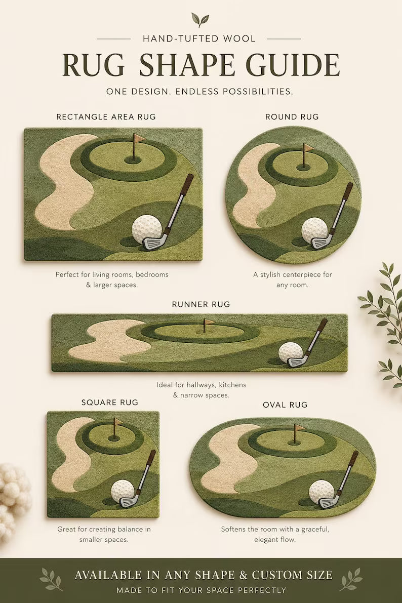 Golf Course Tufted Rug, Round Sports Carpet, Game Room Decor. RGTP7