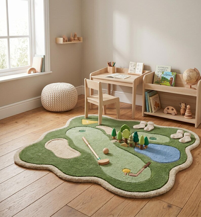Handmade Wool Kids Area Rug – Nursery room Golf Play Mat. RGTP27