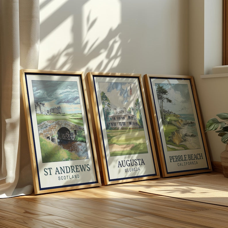 Set 3Pcs Poster - Famous Golf Courses Prints (Augusta, Pebble Beach, St Andrews), Masters Golf Posters, Golf Poster For Home Decor, Vintage Art Poster PTGTP16