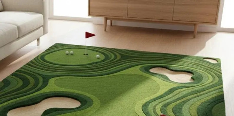 Hand-Tufted Wool Golf Course Rug, Mini Putting Green Carpet, Sports Theme Area Rug. RGTP14