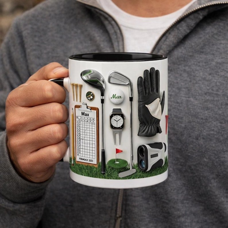 Personalized Golf Mug 3D Effect (Flat Print) - Custom Name Golf Gear Art - Funny Illusion Gift for Him