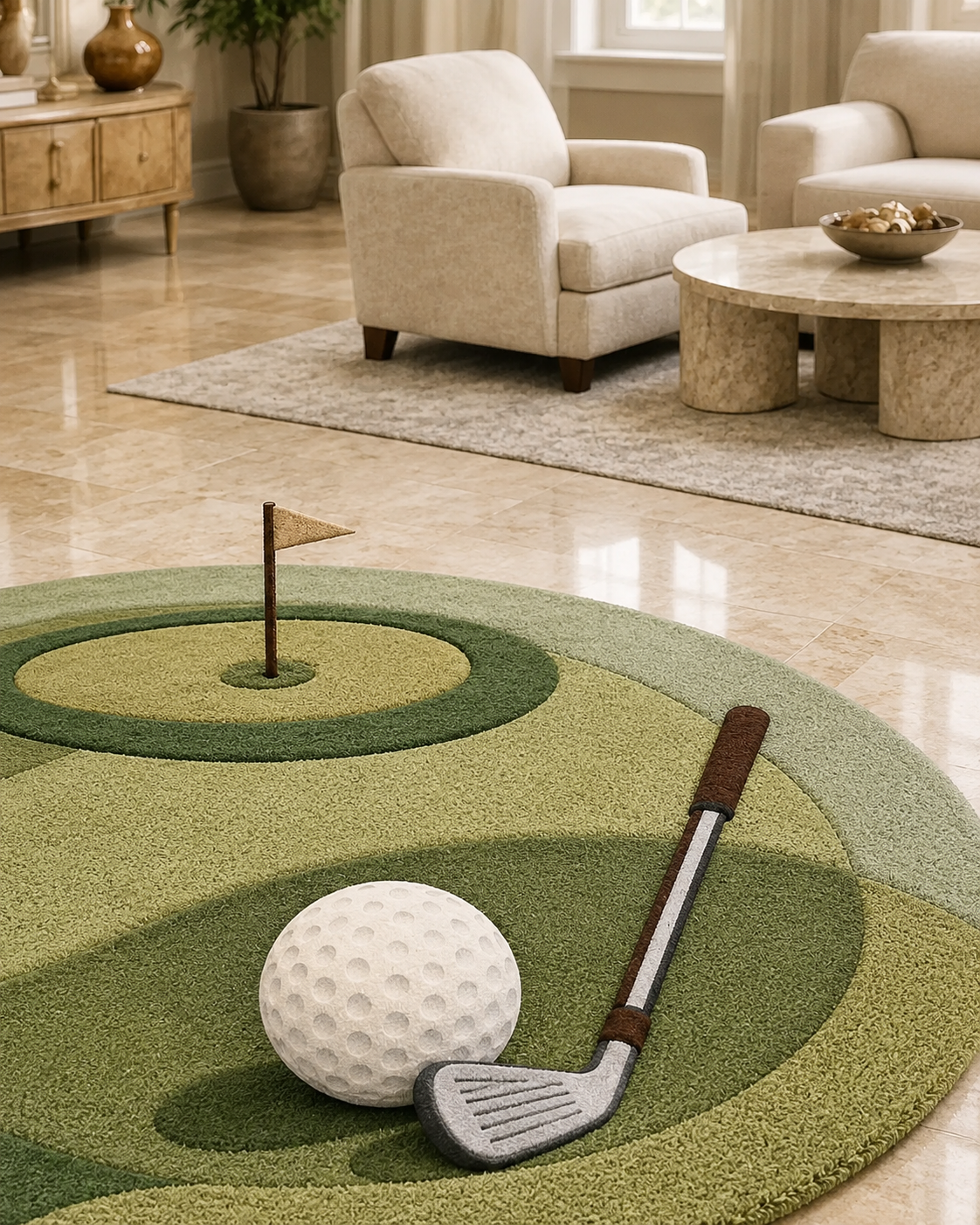 Golf Course Tufted Rug, Round Sports Carpet, Game Room Decor. RGTP7