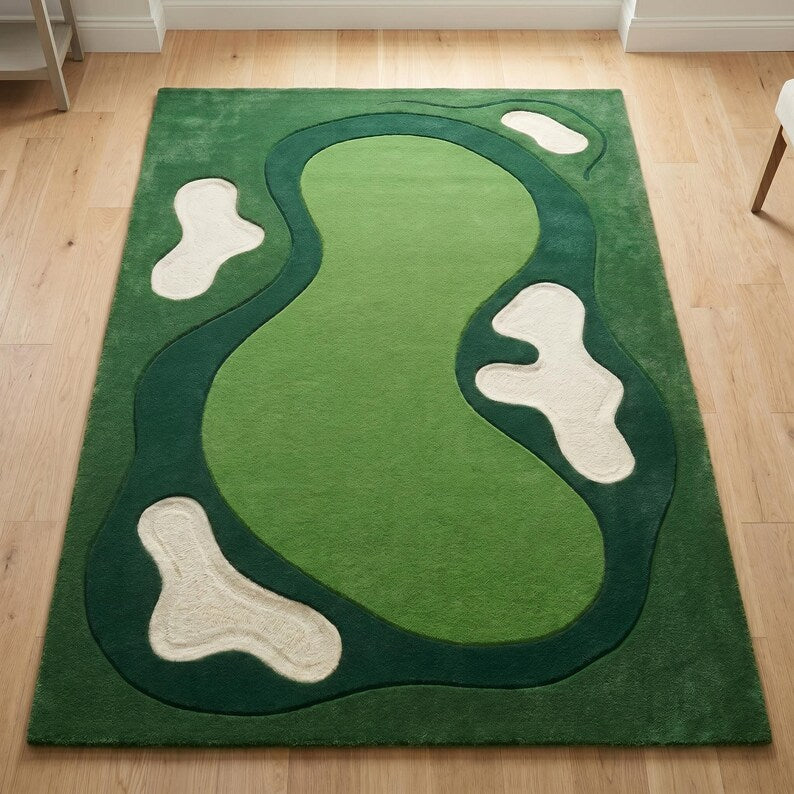 Golf Course Area Rug, Tufted Green Putting Green Carpet, Sand Trap Novelty Rug for Man Cave, Quirky Sports Decor, Abstract Wavy Room Rug. RGTP29