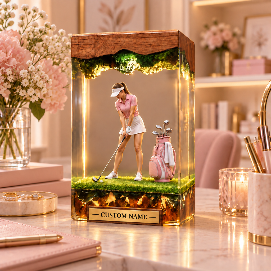 Personalized Women’s Golf Resin Lamp, Custom Female Golfer Desk Light, Golf Lover Gift for Her, Custom Name Golf Decor, RSLGOLF05