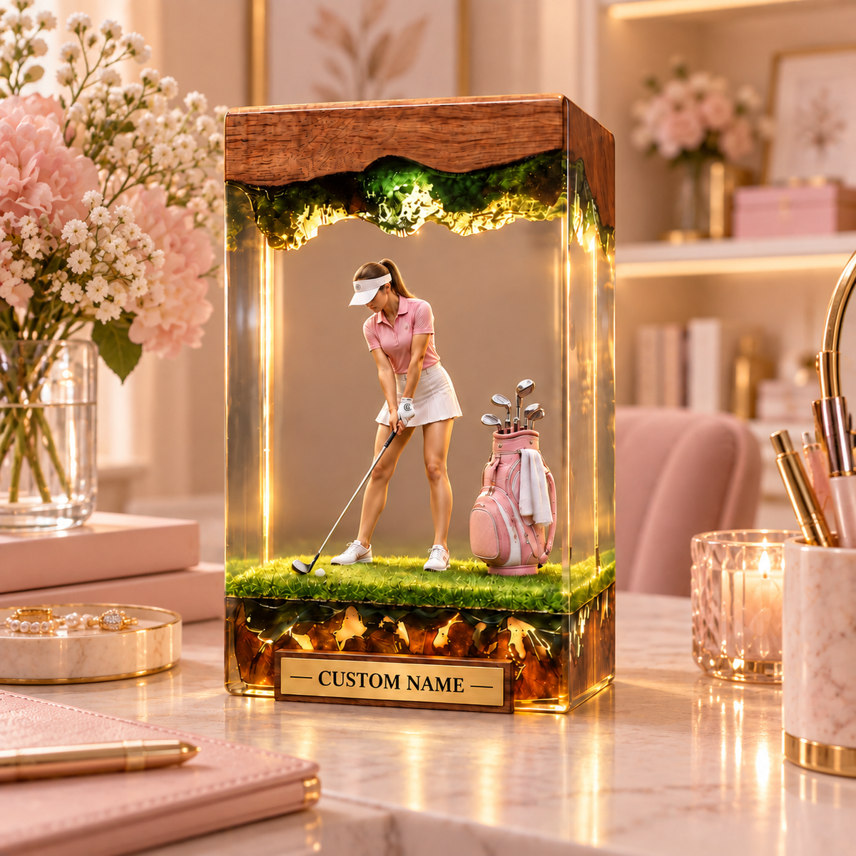 Personalized Women’s Golf Resin Lamp, Custom Female Golfer Desk Light, Golf Lover Gift for Her, Custom Name Golf Decor, RSLGOLF05