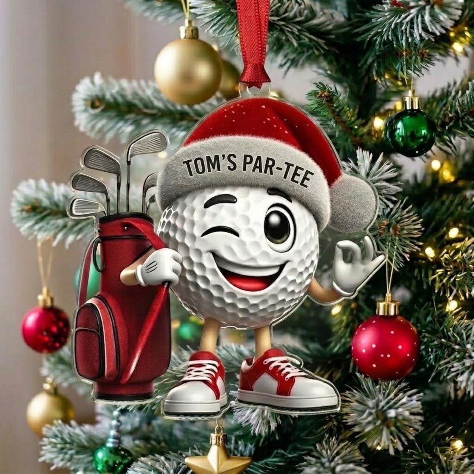 Personalized Winking Golf Ball Acrylic Ornament Custom Golfer Keychain Golf Lover Name Gift Santa Hat Sports Decor Keepsake. ONMGTP16