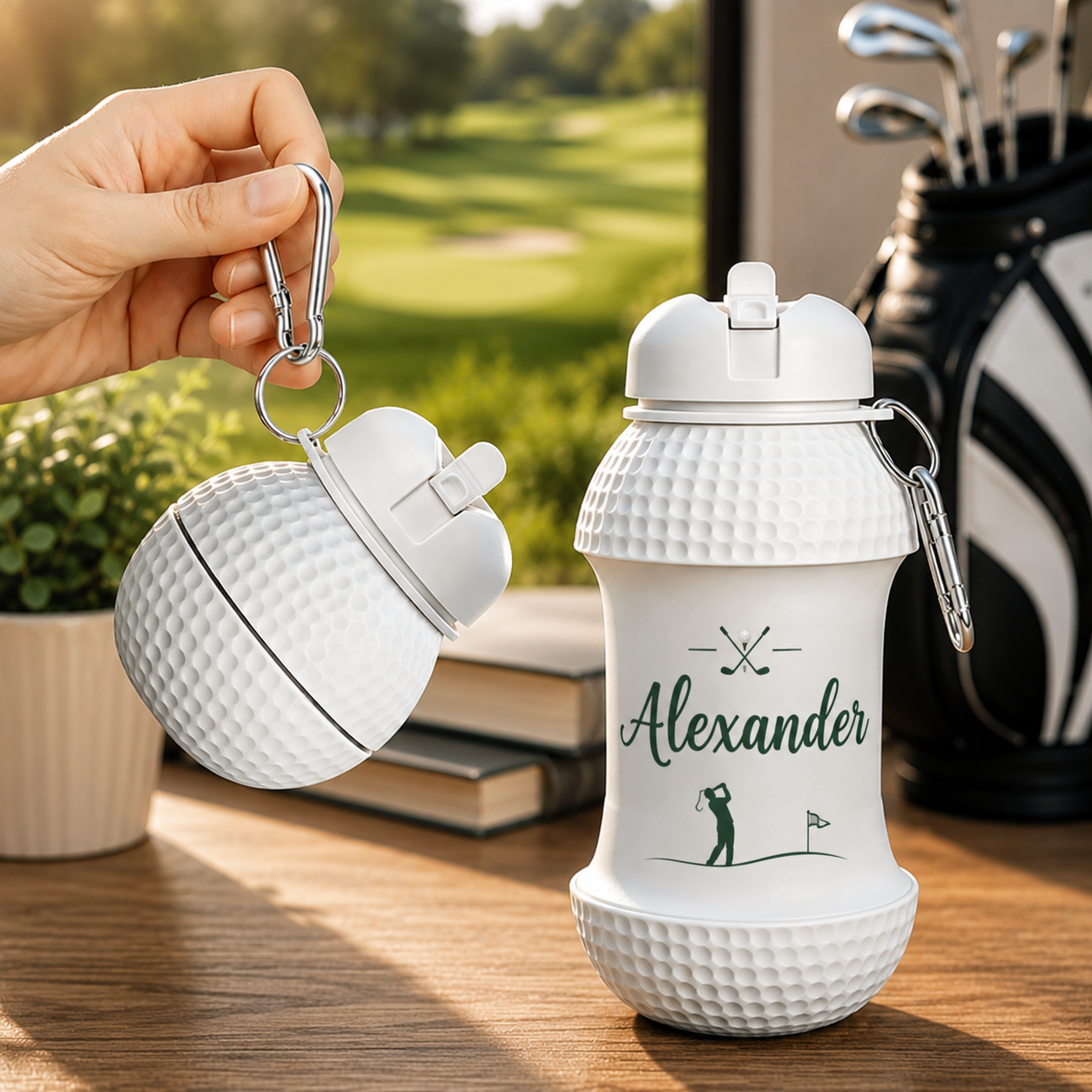 Personalized Golf Ball Foldable Water Bottle, Custom Name Golfer Design, Collapsible Silicone Bottle, Golf Gift for Men Dad Husband – WBGOLF03