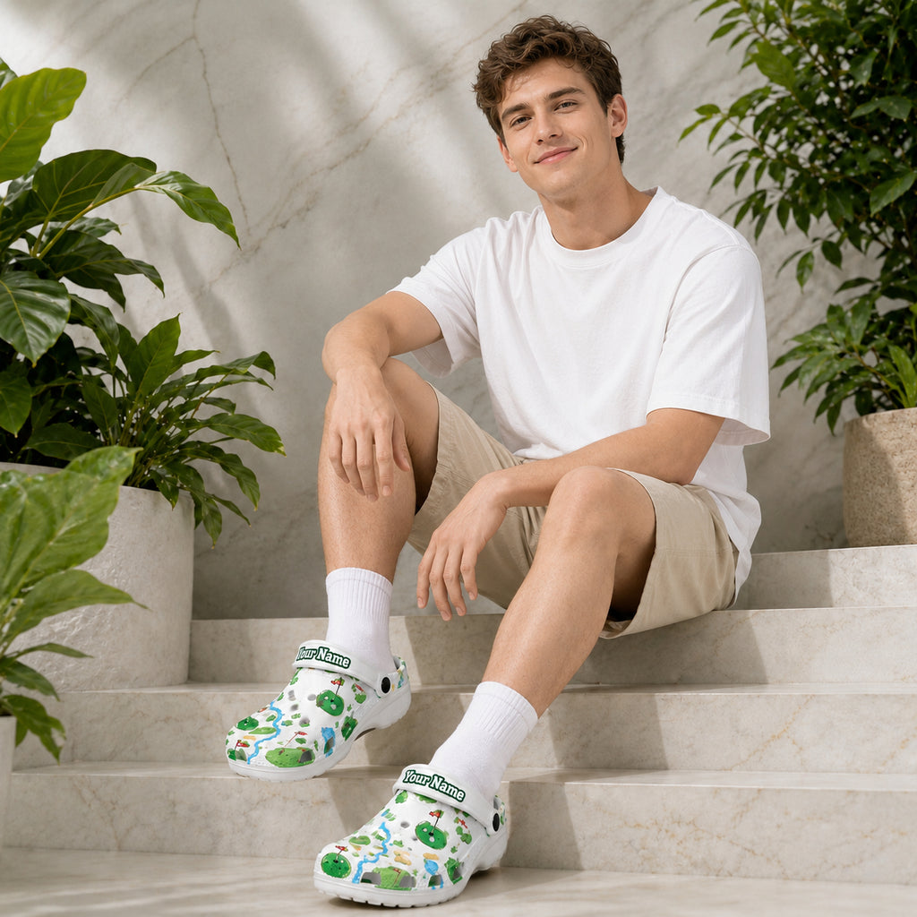 Personalized Golf Course Map Print Clogs, Golf Course Pattern Clogs, Unisex Kid Adult Clogs, Summer Clogs, Waterproof EVA Slip-On Shoes, Comfortable Casual Sandals CLGOLF03
