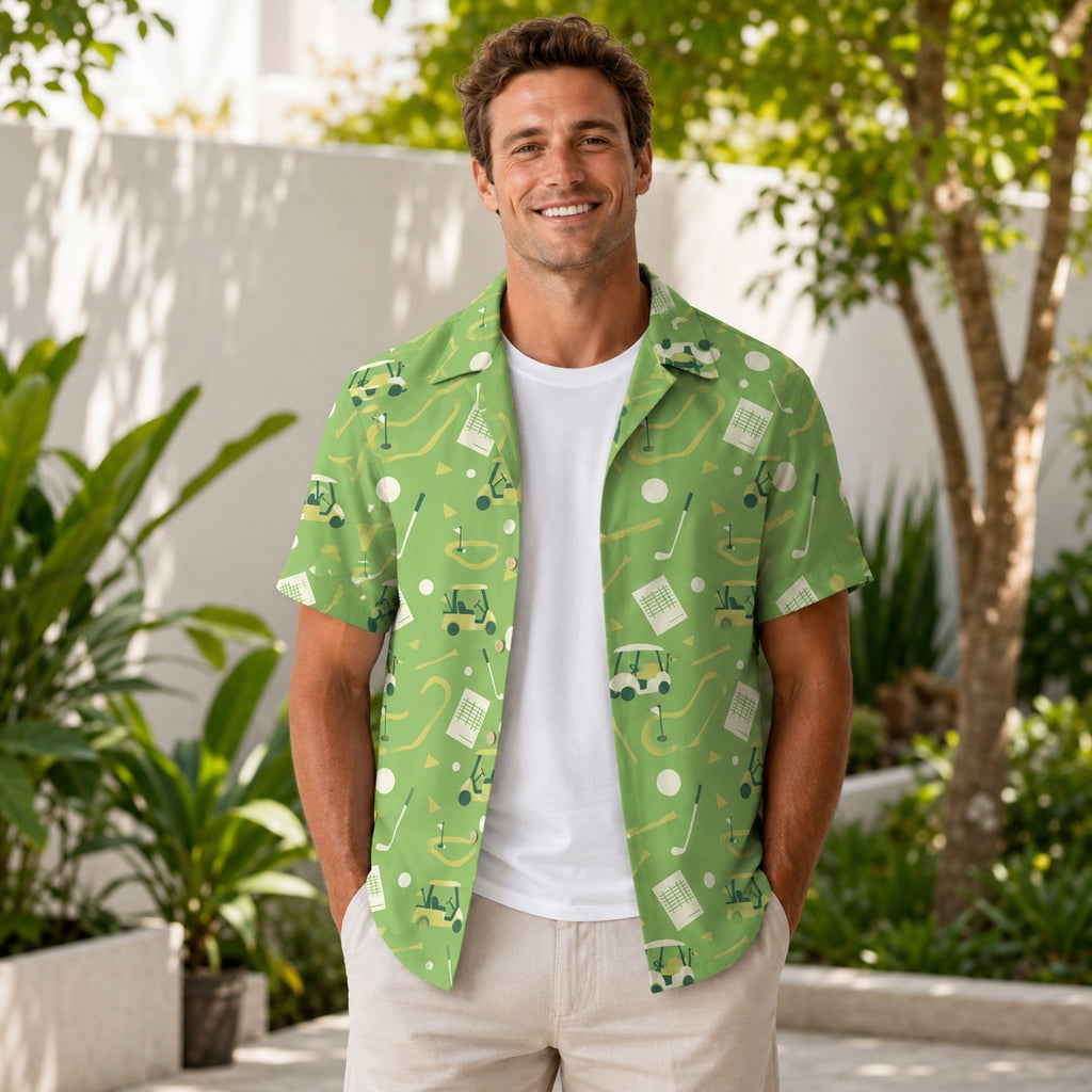 Golf Hawaiian Shirt, Green Golf Cart Button Down Shirt, Golf Lover Summer Vacation Shirt, Tropical Golf Outfit HW03