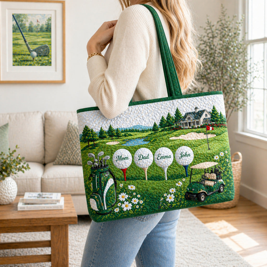 Personalized Family Golf Ball Quilt Tote Bag, Custom Golf Shoulder Bag, Quilted Tote for Golf Lover, Cute Golf Gift for Her QTTB03