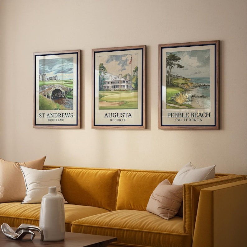 Set 3Pcs Poster - Famous Golf Courses Prints (Augusta, Pebble Beach, St Andrews), Masters Golf Posters, Golf Poster For Home Decor, Vintage Art Poster PTGTP16