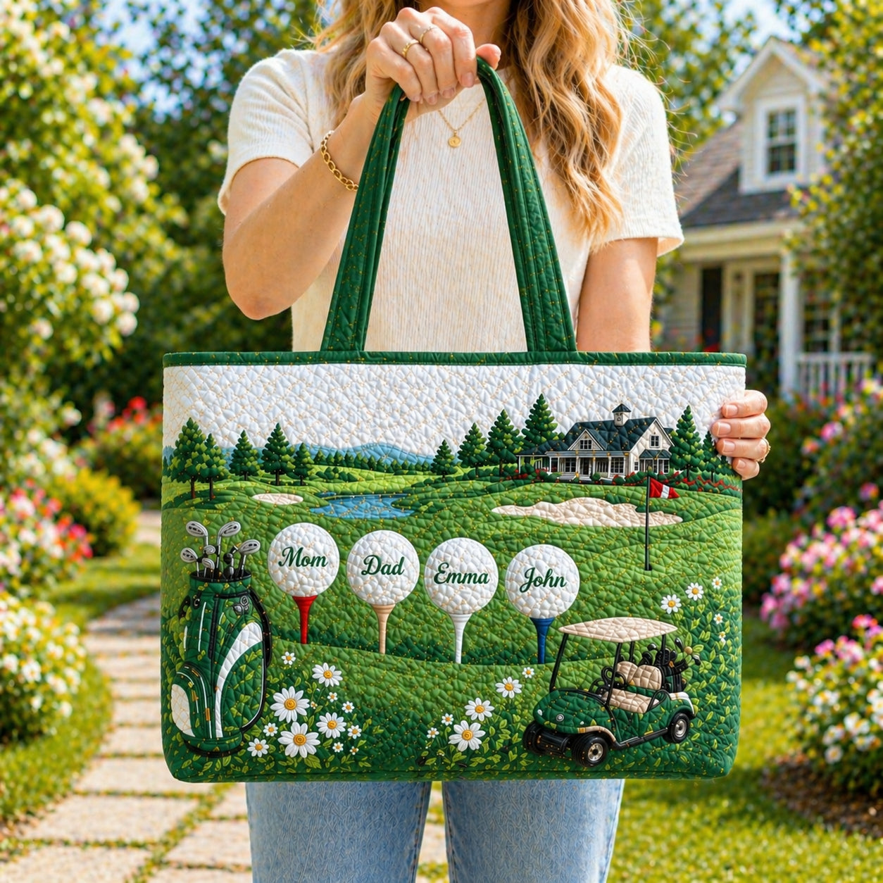 Personalized Family Golf Ball Quilt Tote Bag, Custom Golf Shoulder Bag, Quilted Tote for Golf Lover, Cute Golf Gift for Her QTTB03