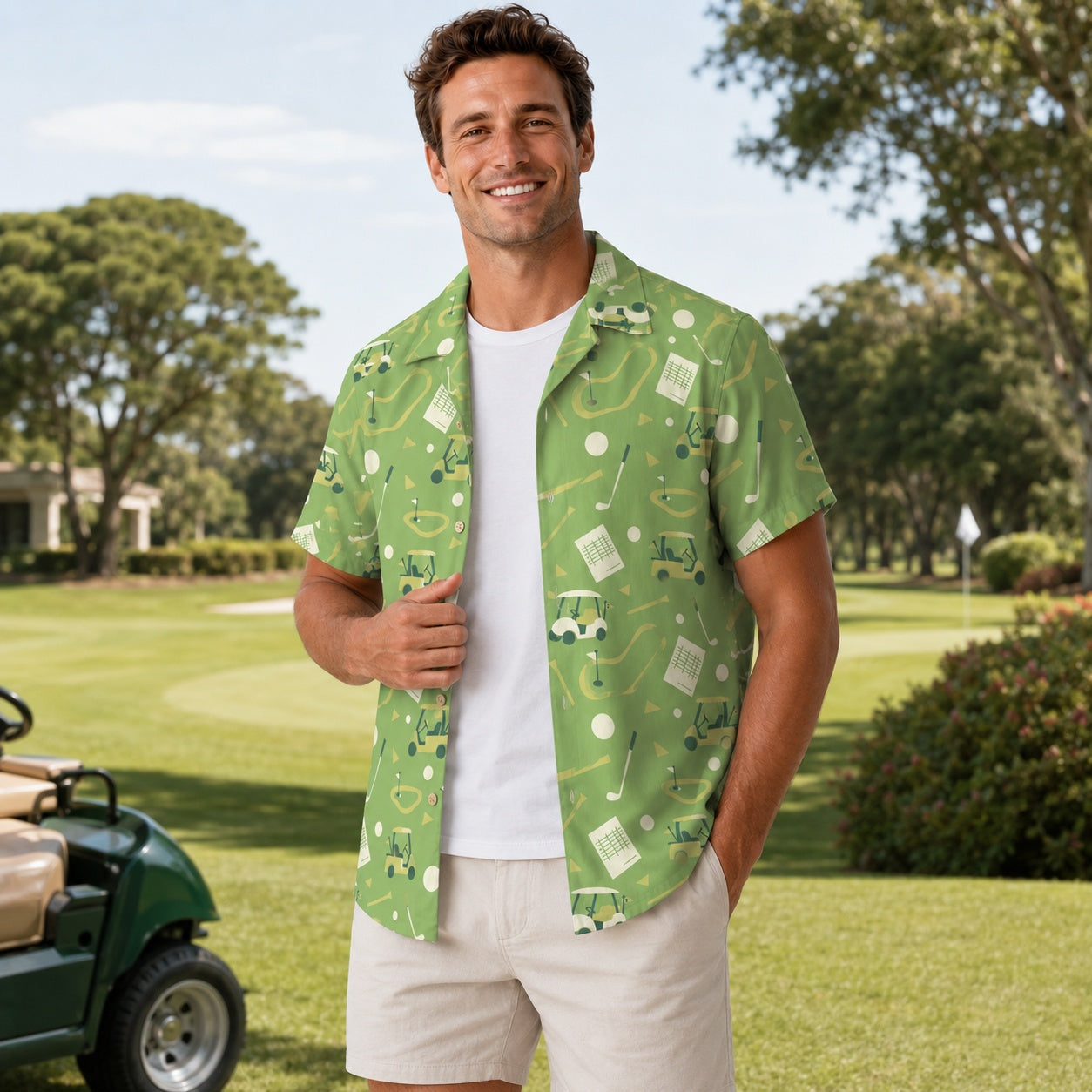 Golf Hawaiian Shirt, Green Golf Cart Button Down Shirt, Golf Lover Summer Vacation Shirt, Tropical Golf Outfit HW03