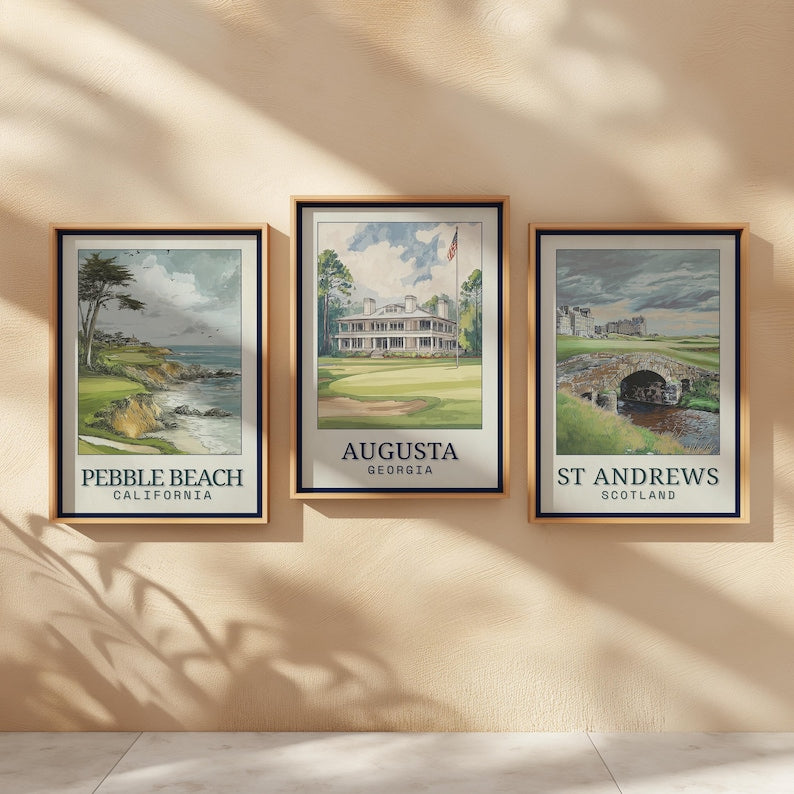 Set 3Pcs Poster - Famous Golf Courses Prints (Augusta, Pebble Beach, St Andrews), Masters Golf Posters, Golf Poster For Home Decor, Vintage Art Poster PTGTP16