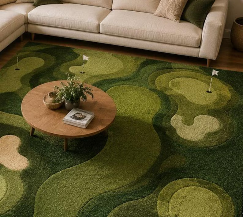 Hand-Tufted Golf Course Wool Rug, Green Putting Green Area Decor . RGTP11