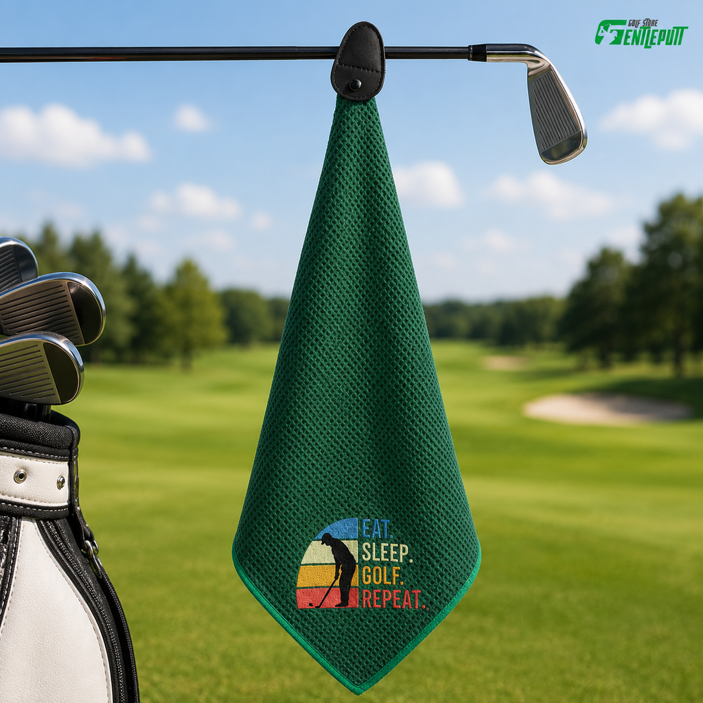 Eat Sleep Golf Repeat Towel, Waffle Microfiber Golf Towel with Clip, Funny Golfer Gift, Golf Bag Accessory for Men and Women TWGTP07