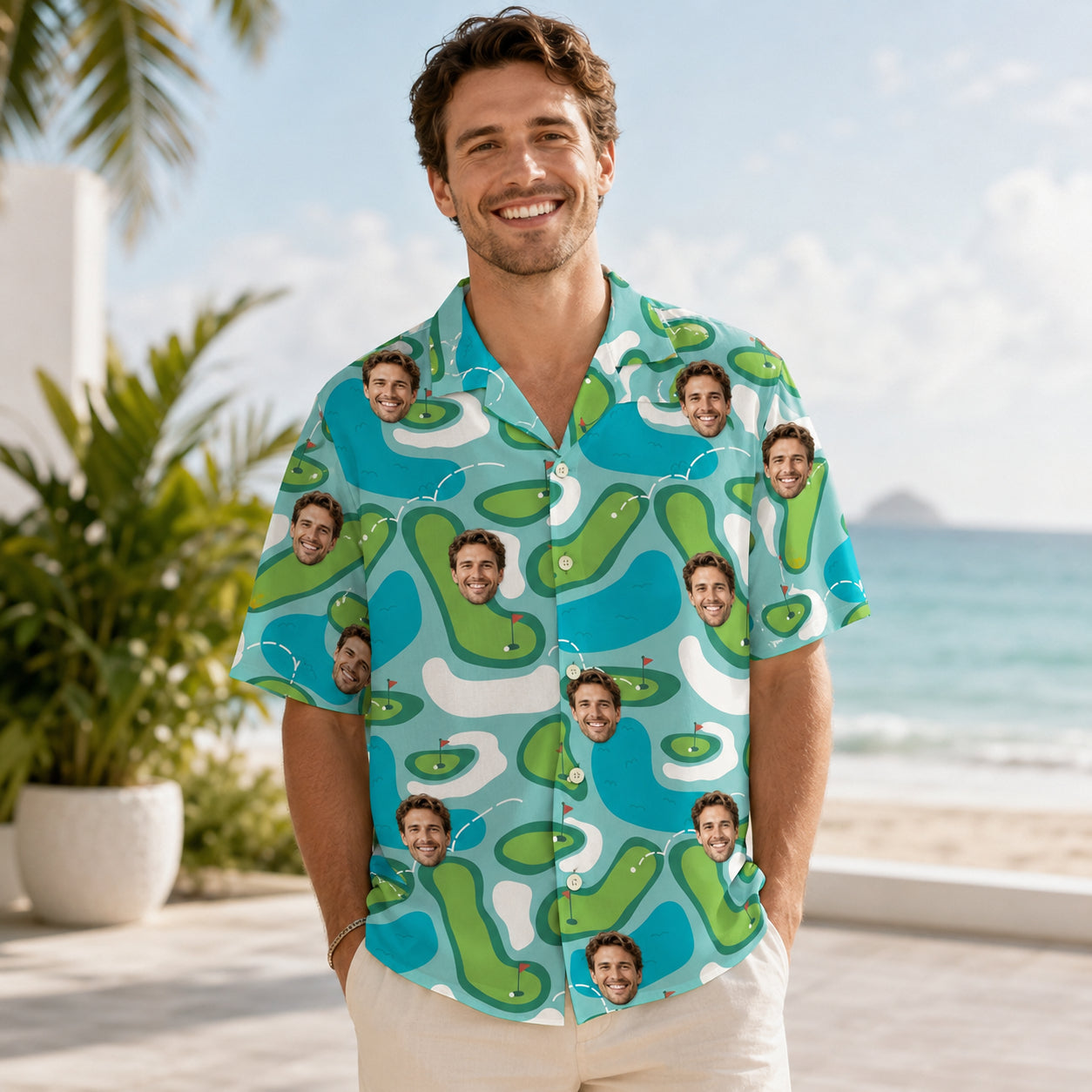 Custom Face Golf Hawaiian Shirt, Personalized Golf Course Button Down Shirt, Funny Vacation Gift for Golf Lovers HW04