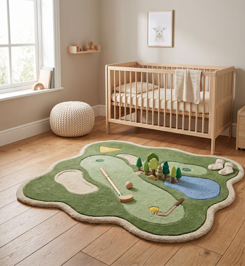 Handmade Wool Kids Area Rug – Nursery room Golf Play Mat. RGTP27