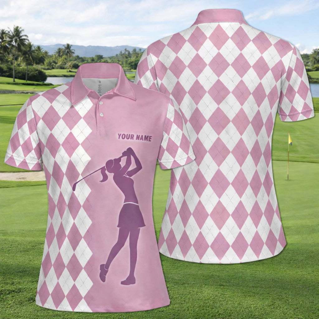 Personalized Pink Checkered Golf Polo Shirt, Pink Golf Shirt, Unisex Summer Golf Polo Shirt, Short Sleeve Golf Shirt, Polo for Golfer, Custom Polo Shirt PLSGTP04