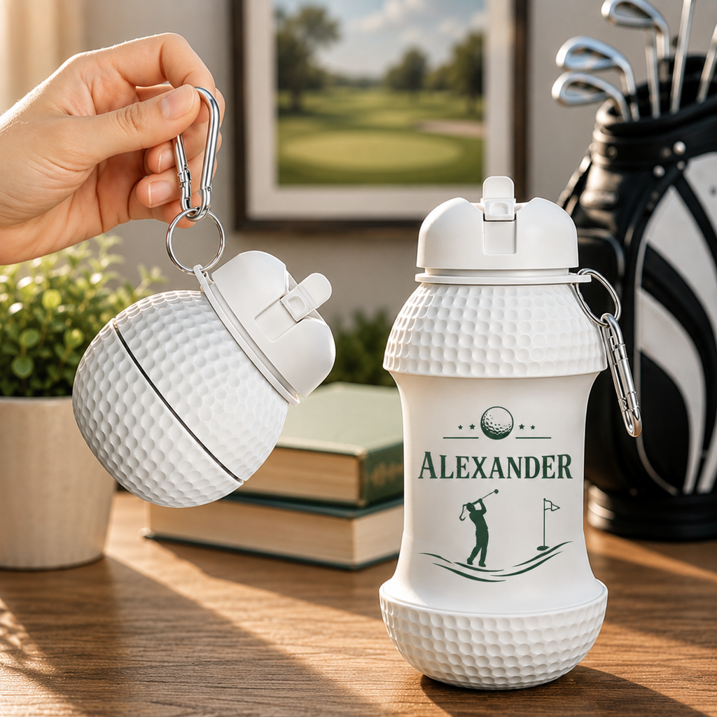Personalized Golf Ball Foldable Water Bottle, Custom Name Golfer Design, Collapsible Silicone Sports Bottle, Golf Gift for Dad Husband Grandpa – WBGOLF04