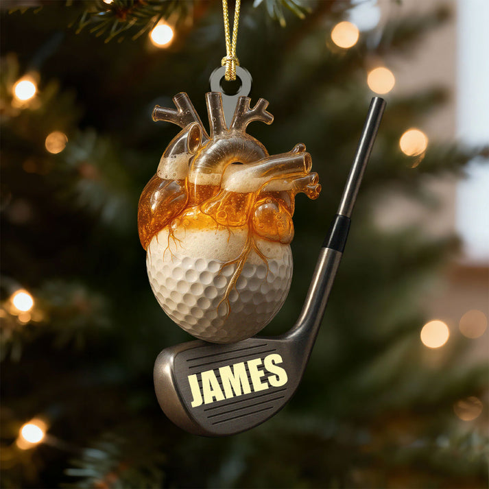 Personalized Golf & Beer Heart Acrylic Ornament, Funny Anatomical Shape Acrylic Decor, Custom Name Golfer Christmas Gift