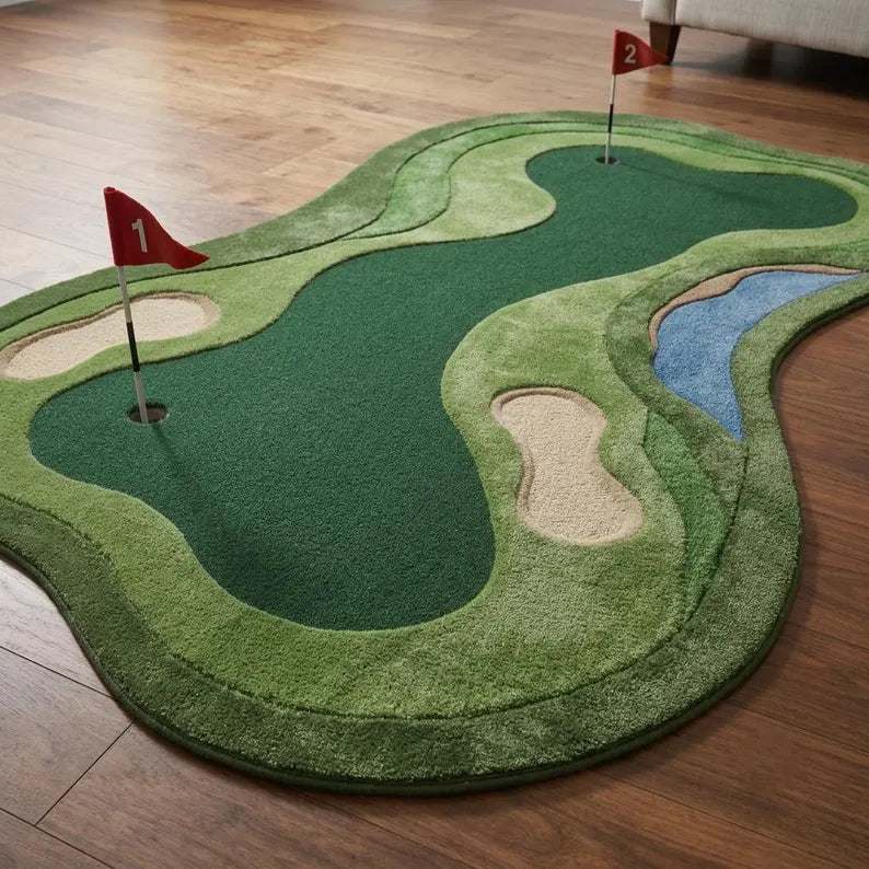 Hand Tufted Wool Golf Putting Green Rug, Irregular Golf Hole Shape, Man Cave Decor. RGTP24
