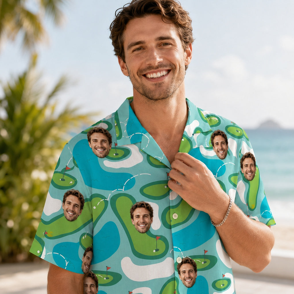 Custom Face Golf Hawaiian Shirt, Personalized Golf Course Button Down Shirt, Funny Vacation Gift for Golf Lovers HW04