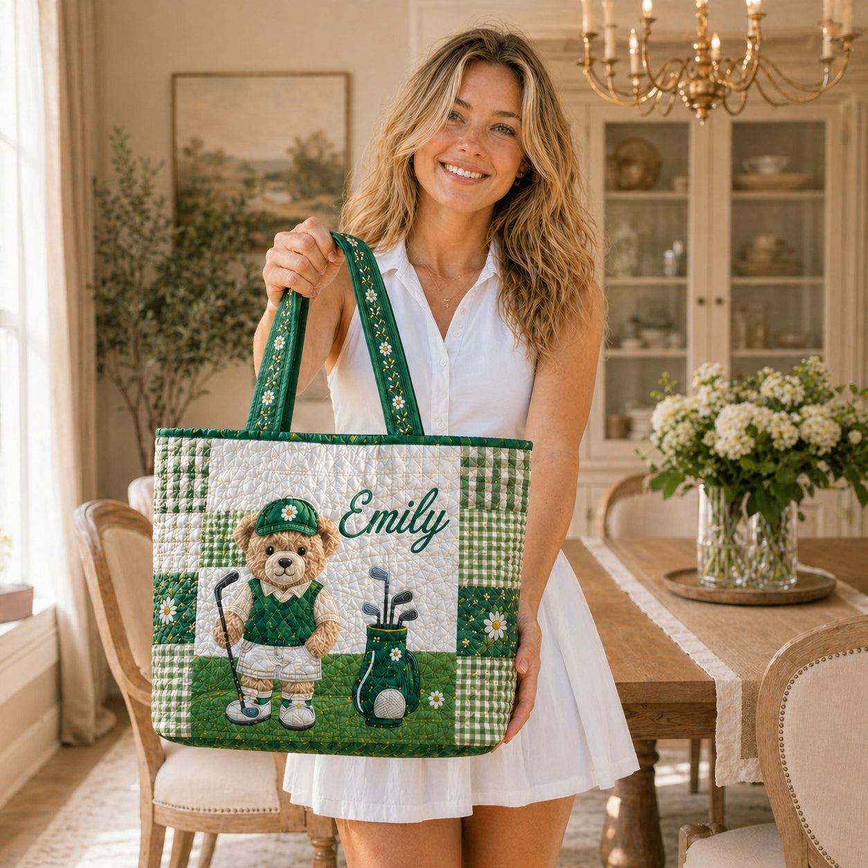 Custom Name Golf Tote Bag, Quilted Green Gingham Bear Bag, Personalized Golf Lover Gift, Cute Tote for Her QTTB04
